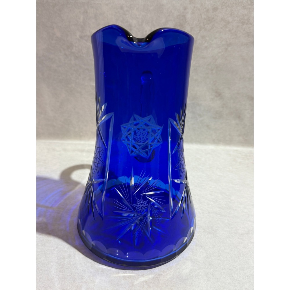 Vintage Bohemian Czech Cobalt Blue Cut to Clear Glass Pitcher and 4 Tumbler Set - Picture 3 of 16